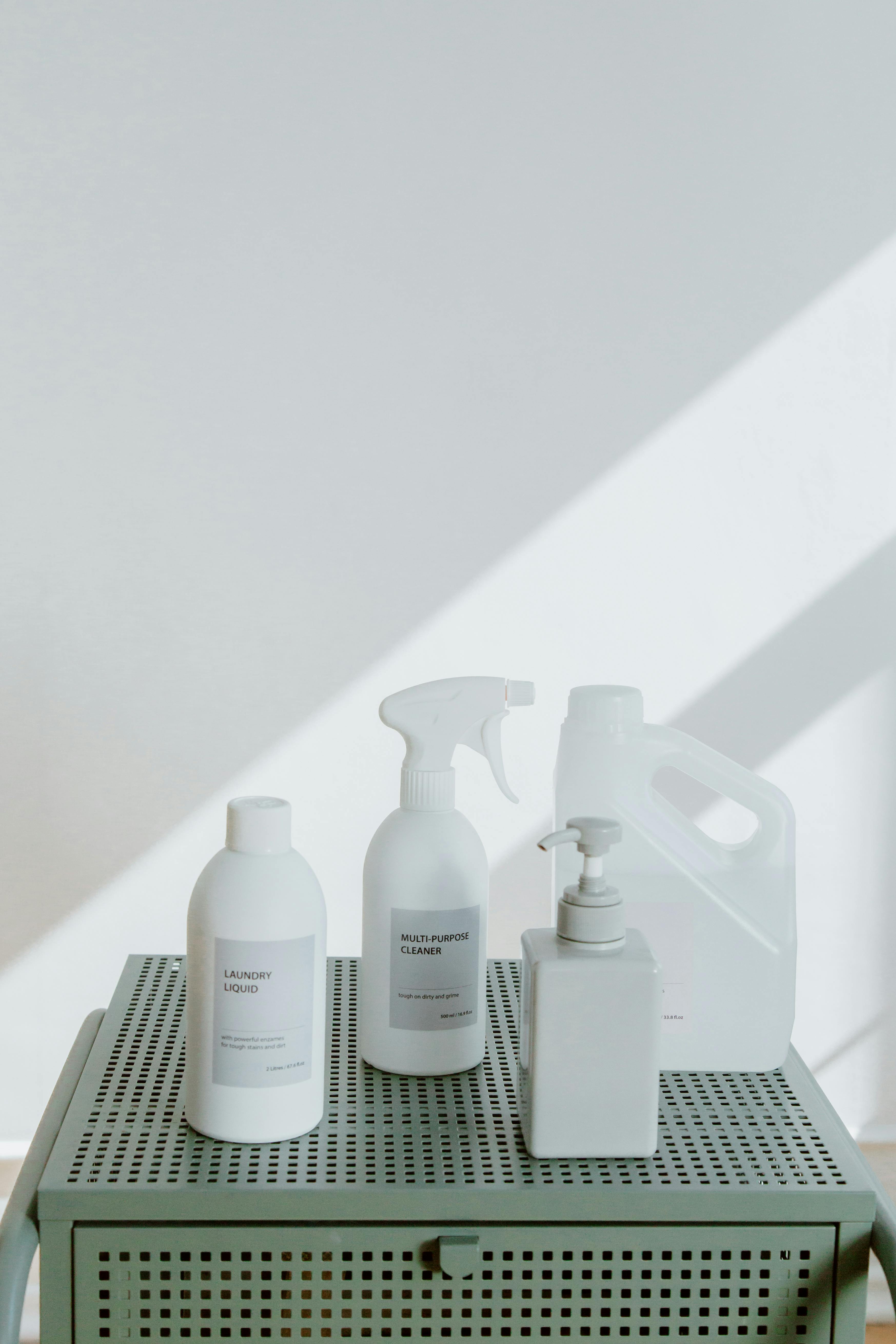 Cleaning products organized for home care routine