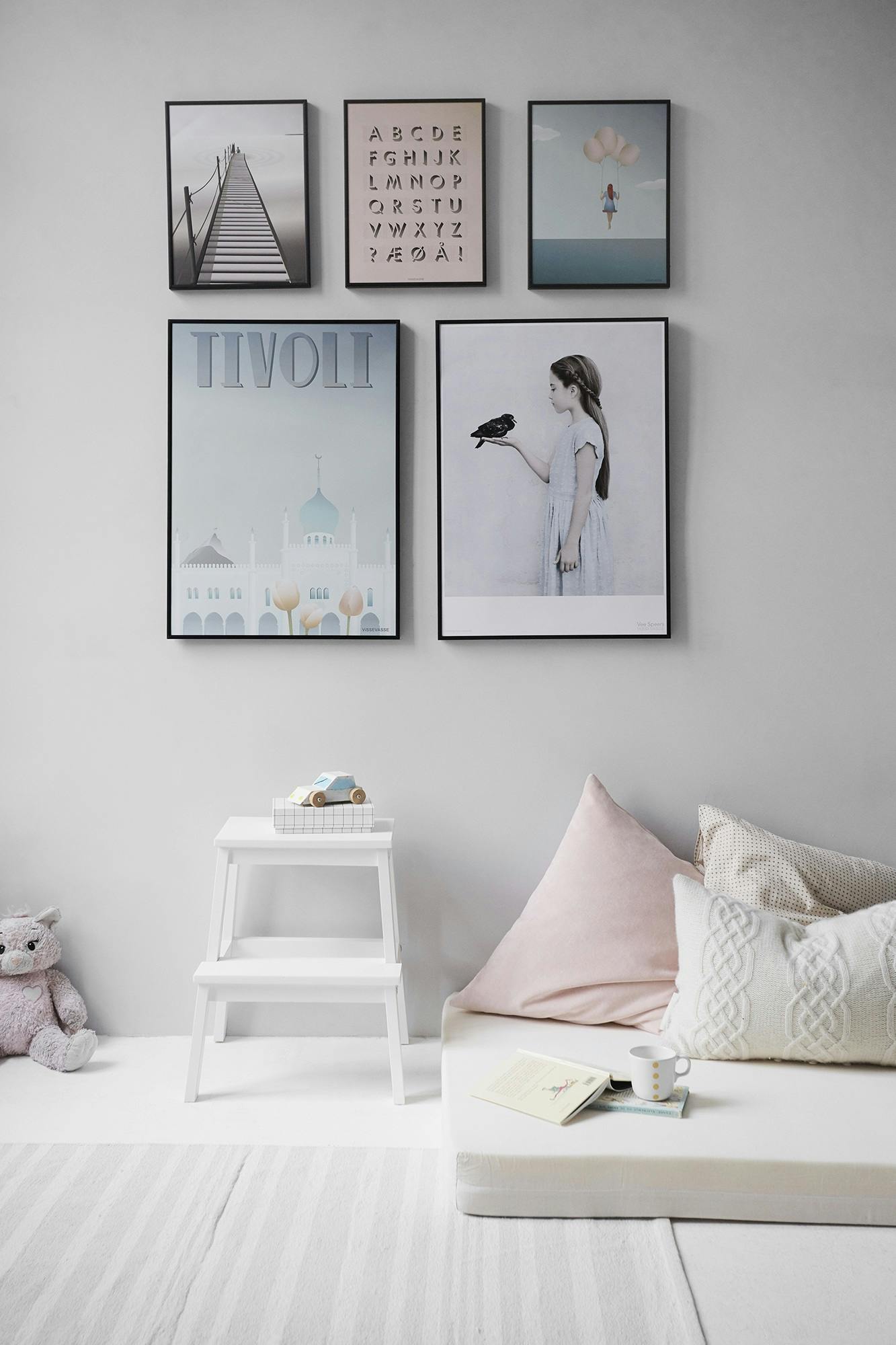 Wall art display with neutral editorial style